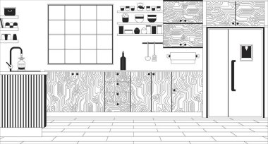 Siyah beyaz çizgili minimalist mobilyalarla dolu rahat bir mutfak. Evde yemek pişirme yeri 2D iç tek renkli arka plan. Yurtiçi yaşam tarzı sahne çizgisi vektör görüntüsü