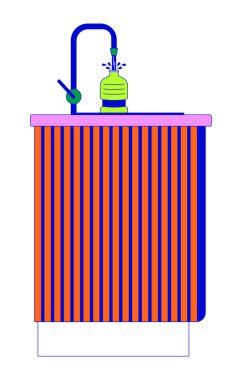 Mutfak lavabosunda suyla dolu bir şişe 2D çizgisel nesne. İzole edilmiş çizgi vektör elemanı beyaz arkaplanı için yeniden kullanılabilir konteynır. Musluk rengi düz nokta illüstrasyonundan su dökülüyor