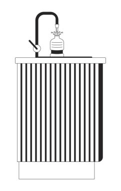 Mutfak lavabosundaki su şişesini siyah-beyaz çizgi film nesnesiyle doldurmak. İzole edilmiş vektör taslağı öğesini içmek için yeniden kullanılabilir şişe. Su dökülüyor tek renkli düz nokta çizimi