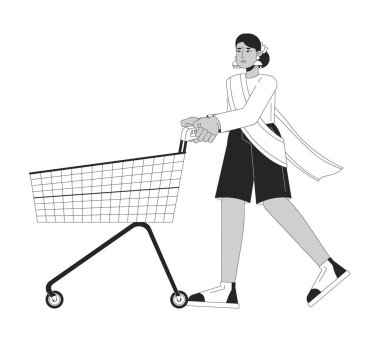 Hindu female uses shopping cart black and white 2D line cartoon character. South asian woman store customer isolated vector outline person. Store trolley monochromatic flat spot illustration clipart