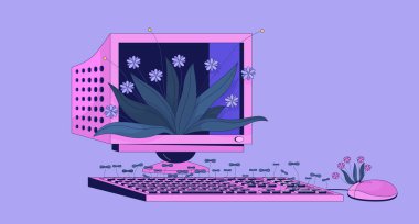 Lofi duvar kağıdı yetiştiren eski bir bilgisayar. Klasik elektronik cihaz 2D çizgi film düz çizim. Retro pc istasyonu ve taze flora soğutma vektör sanatı, lo fi estetik renkli arka plan