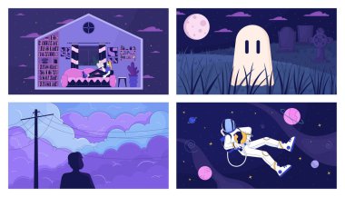 Relaxing scenes lofi wallpaper set. Woman at home. Ghost at graveyard. Dawn and outer space. Quiet 2D cartoon flat illustration pack. Fantasy chill vector art, lo fi aesthetic colorful background clipart