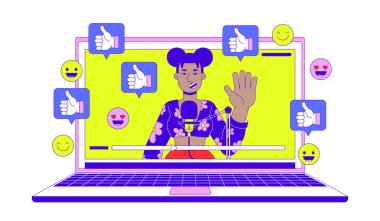 Viral video blogger 2D doğrusal çizim konsepti. Dizüstü bilgisayardaki Afrika kökenli Amerikalı kadın podcaster karakteri beyaza izole edilmiş. Vblog popülerlik metaforu soyut düz vektör ana hatları grafiği