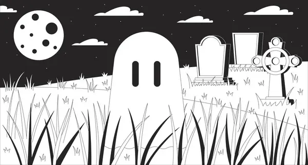 stock vector Ghost at night cemetery black and white lofi wallpaper. Halloween theme. Cute spirit floating at full moon 2D outline cartoon flat illustration. Life after death vector line lo fi aesthetic background