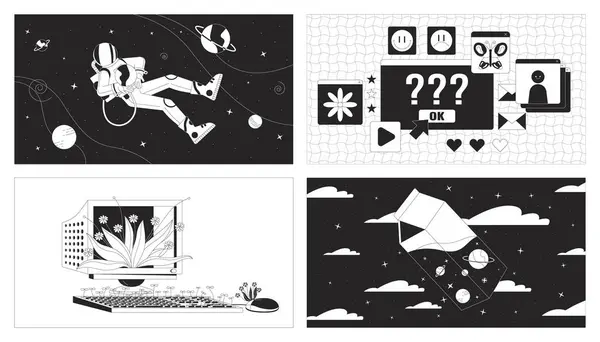 stock vector Space and computer technology black and white lofi wallpaper set. Dreams and fantasy visualization 2D outline cartoon flat illustration pack. Abstract scenes vector line lo fi aesthetic background