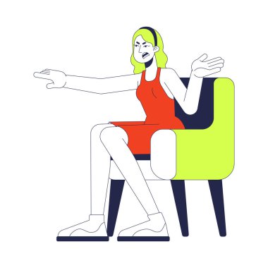 Saldırgan koltuklu kadın 2D karikatür karakteri suçlamaları yapıyor. Beyaz arka planda, sarışın kadın izole edilmiş, yassı bir vektör suçlaması. Parmakla işaret eden kadın. Benek illüstrasyonu renkli
