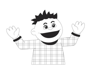 Hand puppet happy boy black and white 2D line character. Waving arms doll for glove puppet theater isolated vector outline personage. Toy wide smile, short hair. Monochromatic spot illustration clipart