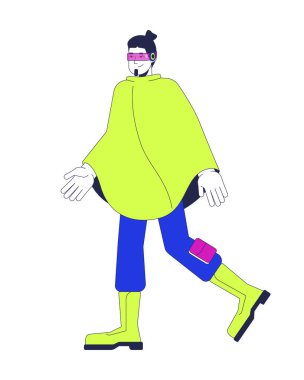 Neon fütüristik yağmurluk giyen, gelecekteki gözlüklü, 2D çizgi film karakteri. Teknisyen, beyaz arka planda, yalıtılmış, düz bir insan vektörü yürüyordu. Fütürizm. Benek illüstrasyonu renkli