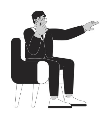 Düşünen adam koltuğunda siyah-beyaz 2B çizgi karakteri işaret ediyor. Oturan erkek Arap gözlükleri izole edilmiş vektör çizgili kişi. Düşünen adam çenesini ovuyor. Monokromatik nokta çizimi