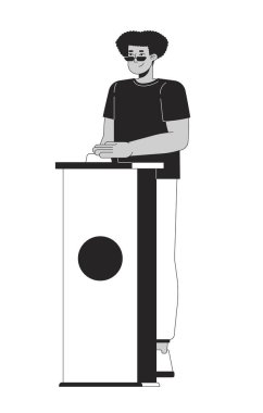 Televizyon programı yarışmacısı İspanyol adam düğmeye basıyor siyah-beyaz 2D çizgi karakteri. Zil podyumunun arkasında duran Latin adam izole edilmiş vektör çizgisi kişisi. Monokromatik nokta çizimi