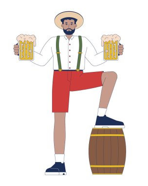 Afrikalı Amerikalı adam bira fıçısına yaslanıyor çizgi film düz çizim. Beyaz arka planda izole edilmiş alkol içeceği 2D karakterli Oktoberfest tatil konuğu. Şölen sahnesi vektör rengi resmi