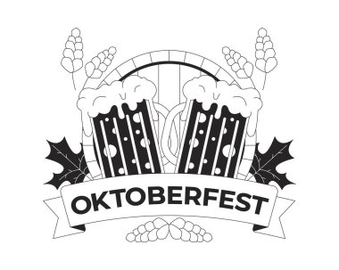 Oktoberfest logosu ve bira kupaları siyah-beyaz 2D illüstrasyon konsepti. Geleneksel Bavyera birası bayramı davetiyesi. Beyaza izole edilmiş çizgi film nesneleri. Bira fabrikası etiketi metaforu monokrom vektör sanatı