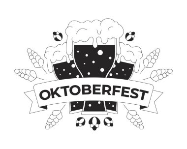 Arpalı köpüklü bira bardakları ve oktoberfest siyah-beyaz 2D illüstrasyon konsepti. Beyaza izole edilmiş alkol ziyafeti karikatürü nesneleri. Tatil metaforu monokrom vektör sanatı