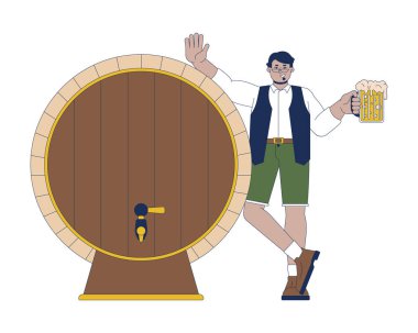 Gülen Arap adam tahta bira fıçısına yaslanmış 2D çizgi film karakteri. Orta Doğulu erkek turist, beyaz arka planda izole edilmiş insan vektörünün tadını çıkarıyor. Benek illüstrasyonu renkli