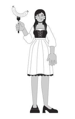 Dirndl 'de elinde ızgara sosisli, siyah-beyaz 2D çizgi karakteri olan Hintli bir kadın. Güney Asyalı kadın turist Oktoberfest izole edilmiş vektör hatlarını ziyaret ediyor. Monokromatik nokta çizimi