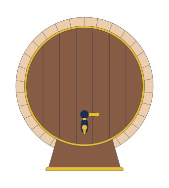 2D karikatür nesneli kocaman ahşap bir fıçı. Likör ürünleri deposu. Beyaz arka planda izole edilmiş bir element olan alkollü içecekler. Benek illüstrasyonu