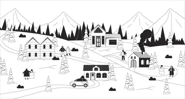 stock vector Cozy winter town in snowy mountains woods black and white line illustration. Townsfolk 2D characters monochrome background. Wintry destination for vacation in Christmas village outline vector image