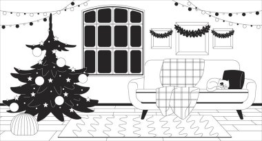 Kapalı bir Noel evi, siyah beyaz çizgiler çiziyor. Xmas ağacı, kutsal çelenkler, uyuyan kedili kanepe 2D iç monokrom arka planı. Noel şenliği oturma odası sahne vektör görüntüsü