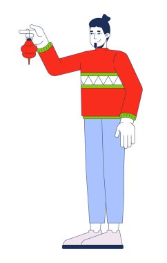 Noel süveteri giyen adam 2D karikatür karakteri taşıyor. Beyaz arka planda, kış tatili süsü takmış beyaz sakallı bir adam. Benek illüstrasyonu renkli