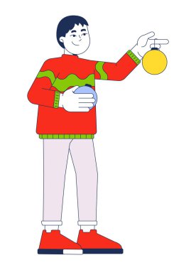 Noel süveteri tutan çocuk elinde 2D karikatür süsleri tutuyor. Noel zamanı. Asyalı bir erkek çocuk. Beyaz arka planda yassı bir vektör var. Benek illüstrasyonu renkli