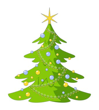 Yıldız Noel ağacı ve sicim ışıkları 2D çizgi film nesnesi. Xmas ladini şenlikli süslemelerle süslenmiş. Noelde beyaz zemin üzerinde izole edilmiş element düz vektör klibidir. Benek illüstrasyonu