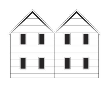 Ahşap ahır siyah-beyaz 2B hat nesnesi. İki katlı kır evi. Çiftlik evinin arka pencereleri. Gayrimenkul. Dış izole edilmiş sanat vektörü ana hatları ögesi oluşturuluyor. Monokromatik nokta çizimi