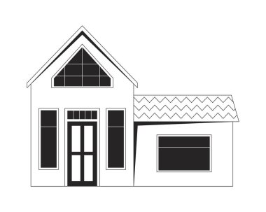 Garajı siyah-beyaz 2D çizgili modern bir ev. Çağdaş ön kapı. Gayrimenkul cephesi. Mimari bina izole edilmiş klipsli sanat vektörü ana hatları öğesi. Monokromatik nokta çizimi