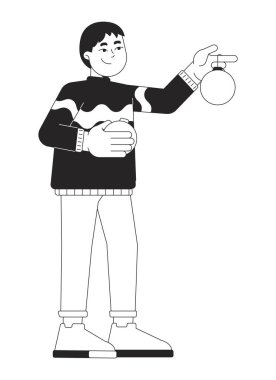 Noel süveteri tutan çocuk elinde siyah-beyaz 2D çizgi karakteri süslüyor. Noel zamanı. Asyalı erkek çocuk, değerli Noel süsü ile izole edilmiş vektör çizgisi kişisi. Monokromatik nokta çizimi