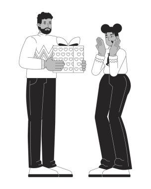 Eşleşen kazaklar hediyelere siyah-beyaz 2D çizgi karakterler veriyor. Afrika kökenli Amerikalı kocanın karısına Noel sürprizi. Monokromatik nokta çizimi