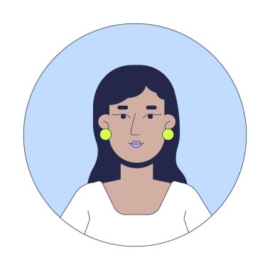 İnci küpeli Güney Asyalı kadın 2D vektör avatar çizimi. Hint kadın beyaz bluz çizgi film karakteri portresi. Baş omuzları. Yuvarlak çerçeve düz kullanıcı profili rengi resmi izole edildi