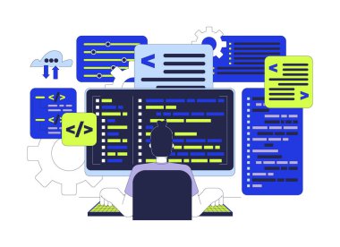 Yazılım geliştiricisi 2D çizim konsepti. Beyaz üzerine izole edilmiş beyaz çizgi film karakterinin klavye bilgisayar sözdizimi kodları yazan beyaz adam programcısı. Kodlama kariyeri metaforu soyut düz vektör grafiği