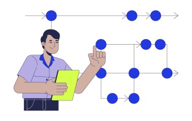 Arka uç geliştirici yol haritası 2D illüstrasyon kavramı. Programcı analist, çizgi film karakteri beyaz üzerine izole edilmiş Hintli bir adam. Yazılım mühendisliği şeması metaforu soyut düz vektör grafiği