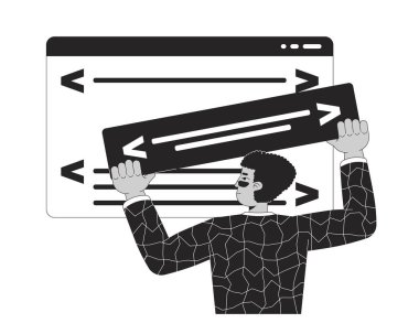 Web sitesi yapımcısı siyah-beyaz 2D illüstrasyon konsepti. Arka uç ağ geliştiricisi İspanyol programcı karakter özeti izole edildi. Arka uç mühendislik kodlama yapı metaforu monokrom vektör sanatı