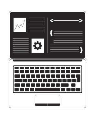 Laptop ekranını siyah-beyaz 2B çizgi nesnesi ile programlama yazılımı ile aç. Vites çizelgesi parantezi. Not defteri kodlama metni izole edilmiş sanat vektörü özet ögesi. Monokromatik nokta çizimi