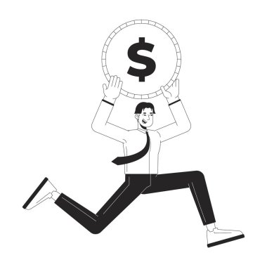 Dijital pazarlama bütçesi siyah-beyaz 2D çizim konsepti. Asyalı bir adam madeni paralarla koşuyor. Karakteri soyutlanmış. İş tanıtım metaforu monokrom vektör sanatı için tahsis fonları