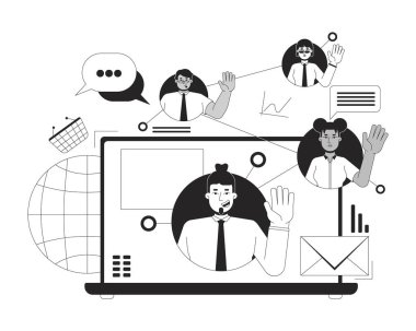 Uzaktan dijital pazarlama ekibi siyah-beyaz 2D illüstrasyon konsepti. Sosyal medya uzmanları izole edilmiş karakterleri özetliyor. Perakende iş tanıtım metaforu tek renkli vektör sanatı