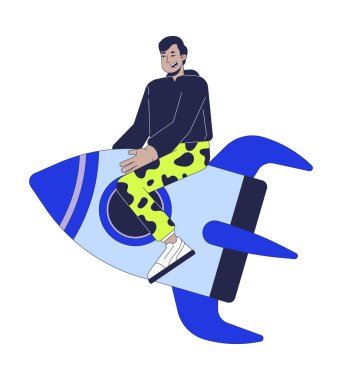 Happy indian man riding rocket 2D cartoon character. Startuper rocketship. South asian guy flying on spaceship shuttle isolated person flat vector on white background. Spot illustration colorful clipart