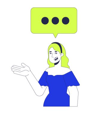 Sohbet baloncuğuyla el kol hareketi yapan sarışın bir kadın. Üç noktalı 2D çizgi film karakteri. Kafkas kadın mesajlaşması konuşan balon beyaz arka planda izole edilmiş insan düz vektörü. Benek illüstrasyonu renkli