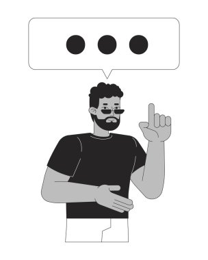 Siyahi adam konuşma kutusu siyah-beyaz 2D çizgi karakteri ile işaret parmağını kaldırıyor. Afrika kökenli Amerikalı adam güneş gözlüklü balon izole edilmiş vektör çizgisi kişisi. Monokromatik nokta çizimi