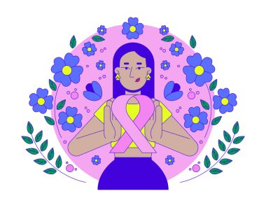 Pembe kurdele 2D illüstrasyon konseptinin Ortadoğu feminist hareketi. Göğüs kanseri dayanışması. Türk kadın karikatür karakteri beyazdan soyutlanmış. Metafor soyut düz vektör grafiği