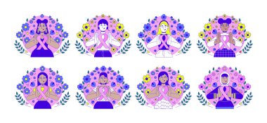 Pembe kurdele 2D illüstrasyon kavramlarının uluslararası hareketi. Göğüs kanseri dayanışması. Çok uluslu kadın karikatür karakterleri beyazlar üzerinde izole edilmiş. Metaforlar soyut düz vektör koleksiyonu