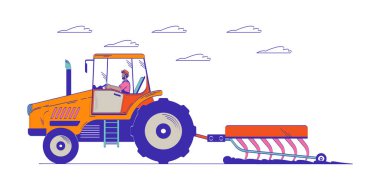 Siyah çiftçi traktörle tarla sürerken karalama karikatürü çiziyor. Tarım faaliyeti. Taşralı traktörcü çiftçi 2D düz karakterli beyaz tenli. Elle çizilmiş karalama rengi