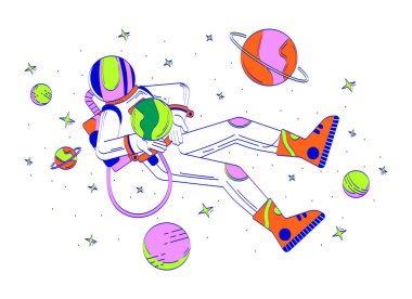 Uzay çizimi illüstrasyonunda süzülen miğfer astronotu. Uzaylı evren keşfi. Kozmonot kozmik gezegenlerle çevrili karikatür 2D karakteri beyaza izole edilmiş. El çizimi vektör çizimi