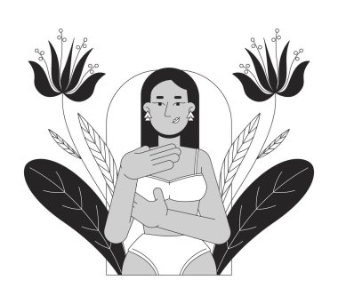 Göğüs kanseri teşhisi siyah-beyaz 2D çizim konsepti. Erken teşhis. Sütyenli esmer, orta doğulu bir kadın kendini inceliyor. Karakter ayrımcılığı yapıyor. Metafor monokrom vektör sanatı