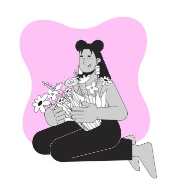 Siyah ve beyaz mastektomiden sonraki gücü kutluyoruz. Göğüs kanserinden kurtulan İspanyol kadın çiçekleri kucaklıyor. Karakteri soyutlanıyor. Metafor monokrom vektör sanatı