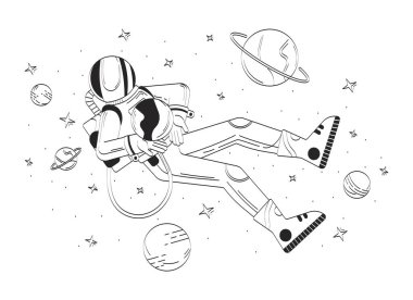 Uzay çizgisi illüstrasyonunda süzülen miğfer astronotu. Uzaylı evren keşfi. Kozmonot Sıfır Yerçekimi Gezegeni 2D karakter izole edildi. El çizimi mürekkep tek renkli resim