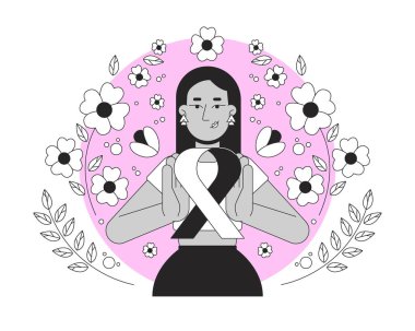 Pembe kurdele siyah-beyaz 2D illüstrasyon konseptinin Ortadoğu feminist hareketi. Göğüs kanseri dayanışması. Türk kadınlığının ana hatları izole edilmiş. Metafor monokrom vektör sanatı