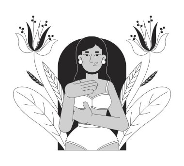 Göğüs kanserinin siyah-beyaz 2B illüstrasyon kavramının başlıca önlenmesi. Erken teşhis. Sütyenli Hintli kadın kendini inceliyor. Karakter ayrımı yapıyor. Metafor monokrom vektör sanatı