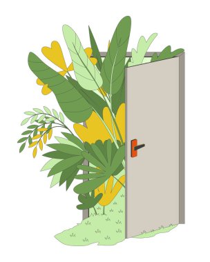 Çevresel sürdürülebilirlik çizgi filminin geleceği düz çizim. Açık kapı bahçesine git. Kapıdaki yemyeşil tropikal yapraklar beyaz arka planda izole edilmiş. Vektör renkli resim