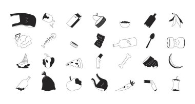 Çöp atığı yönetimi siyah-beyaz 2B hat nesneleri ayarlandı. Çöpçüler. Kirlilik. Çöp ayrıştırma çöpü izole edilmiş sanat vektörü ana hatları ögeleri koleksiyonu. Tek renkli benek çizimleri